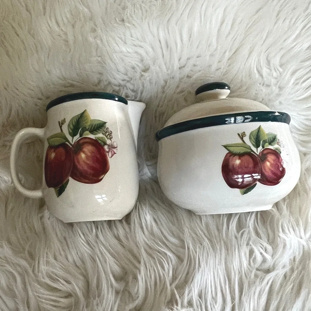 China Pearl Casuals Apple Sugar and Creamer Set Vintage Stoneware Orchard Fruit